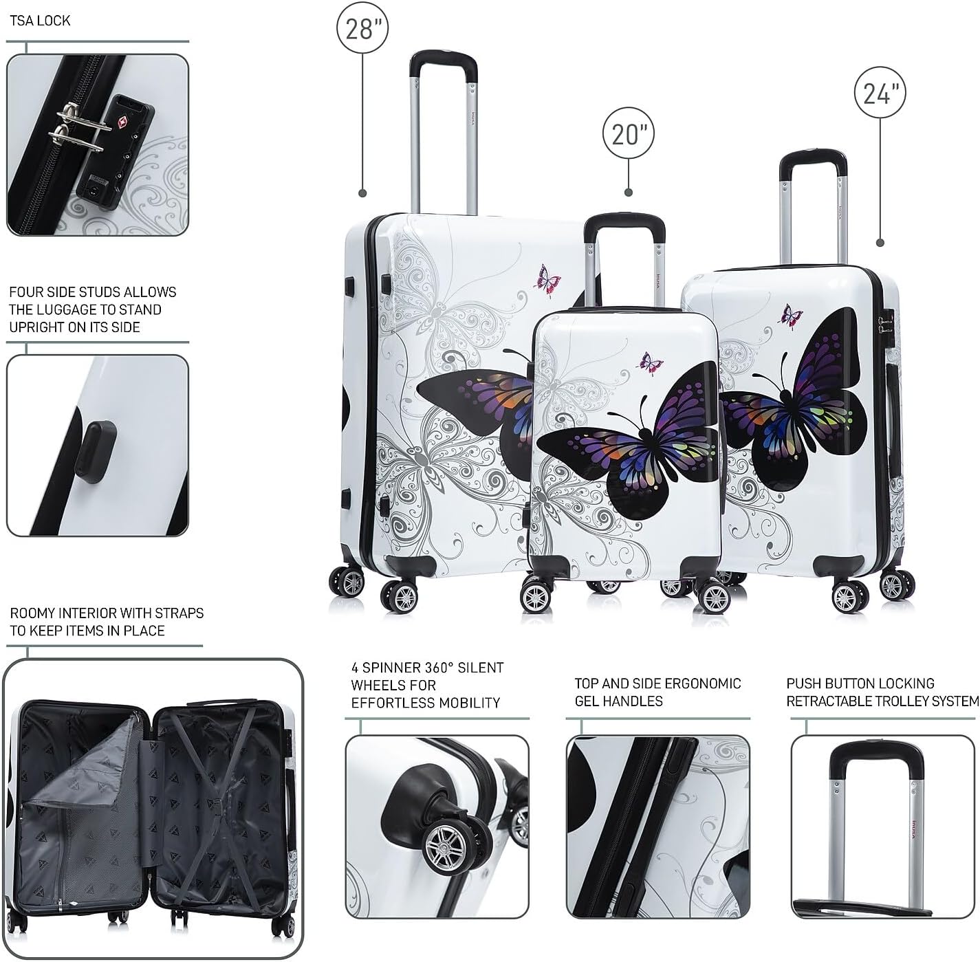 InUSA Hardside Butterfly Suitcase, 4-Wheeled Spinner, TSA Checkpoint Friendly, Black Butterfly