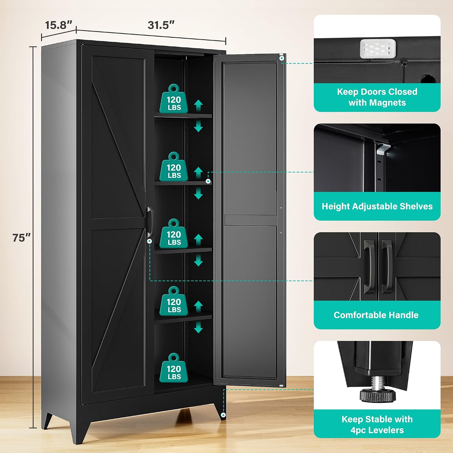 SISESOL 75' Tall Pantry Cabinet,Farmhouse Kitchen Pantry Storage Cabinets with 2 Doors and 4 Shelves,Black Metal Storage Cabinet,Large Cupboard for Home,Kitchen,Dining/Living Room
