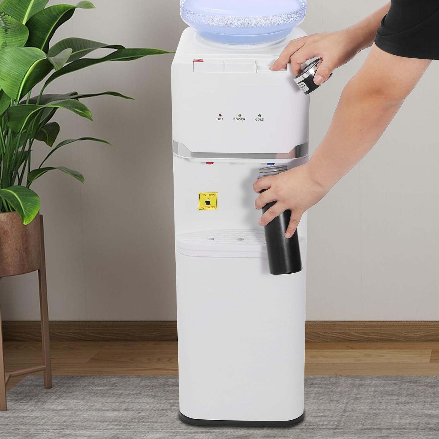 Hot/Cold/Warm Top Loading Water Cooler Dispenser, 5 Gallons Water Coolers Freestanding with Child Safety Lock, Removable Drip Tray & Storage Cabinet, Energy Saving Slim, Home Office Commercial Use