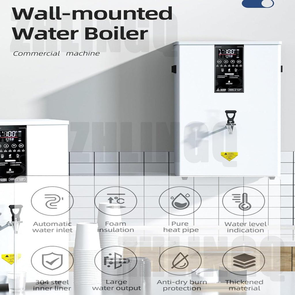 Step-Heating Commercial Hot Water Dispensers, Wall Mounted Fast Heater Water Boiler with 50L 60L 80L Automatic Steam Boiling, 304 Stainless Steel for Restaurants Homes Offices Restaurant,50L-White