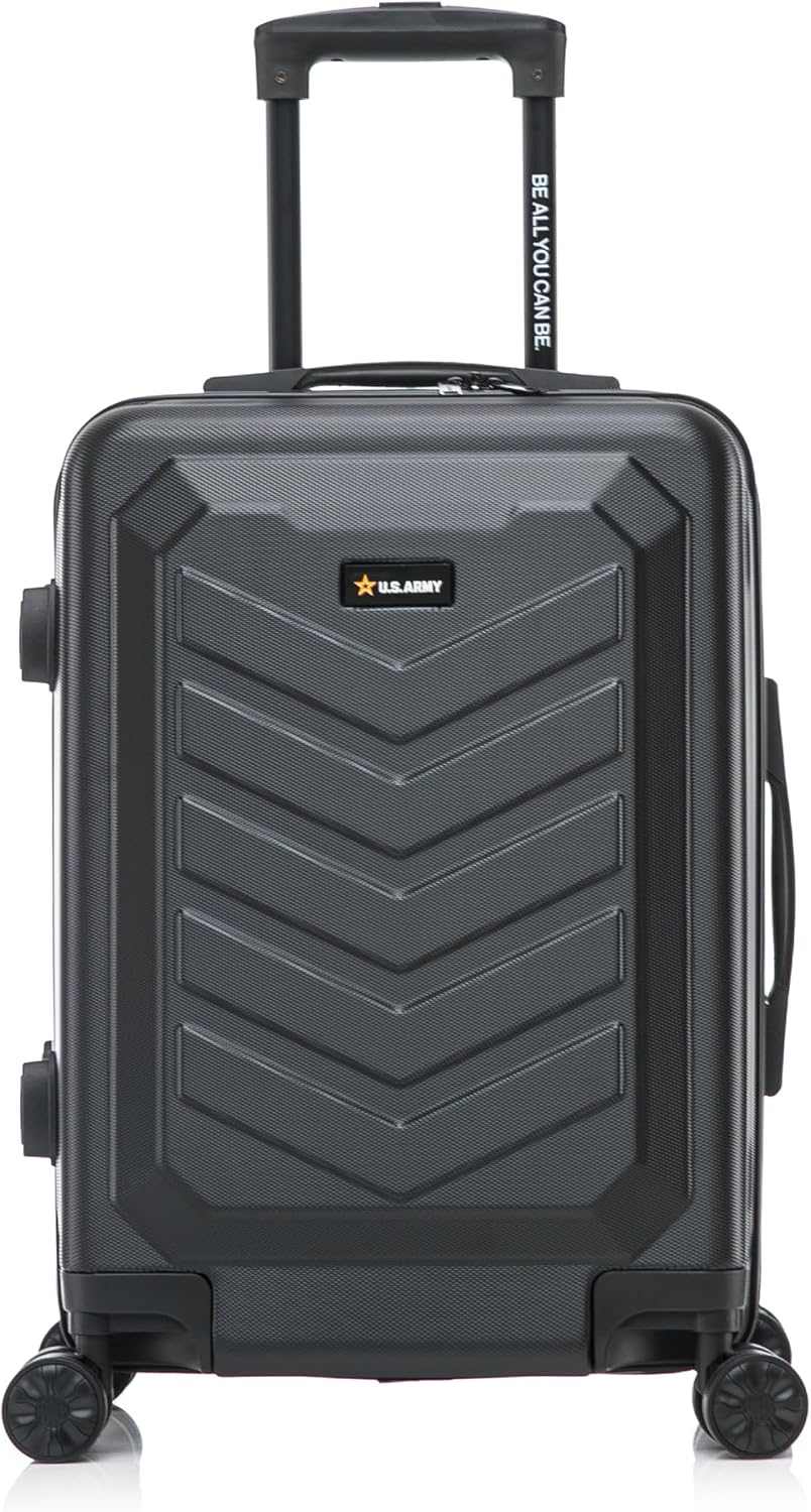 US Army Fox 20 inch Carry-On Hardside Luggage with Spinner Wheels | Lightweight Small Suitcase for Travel | Chevron Icon, Gel Handle, Side Studs, Retractable Trolley, Heavy Duty | Black
