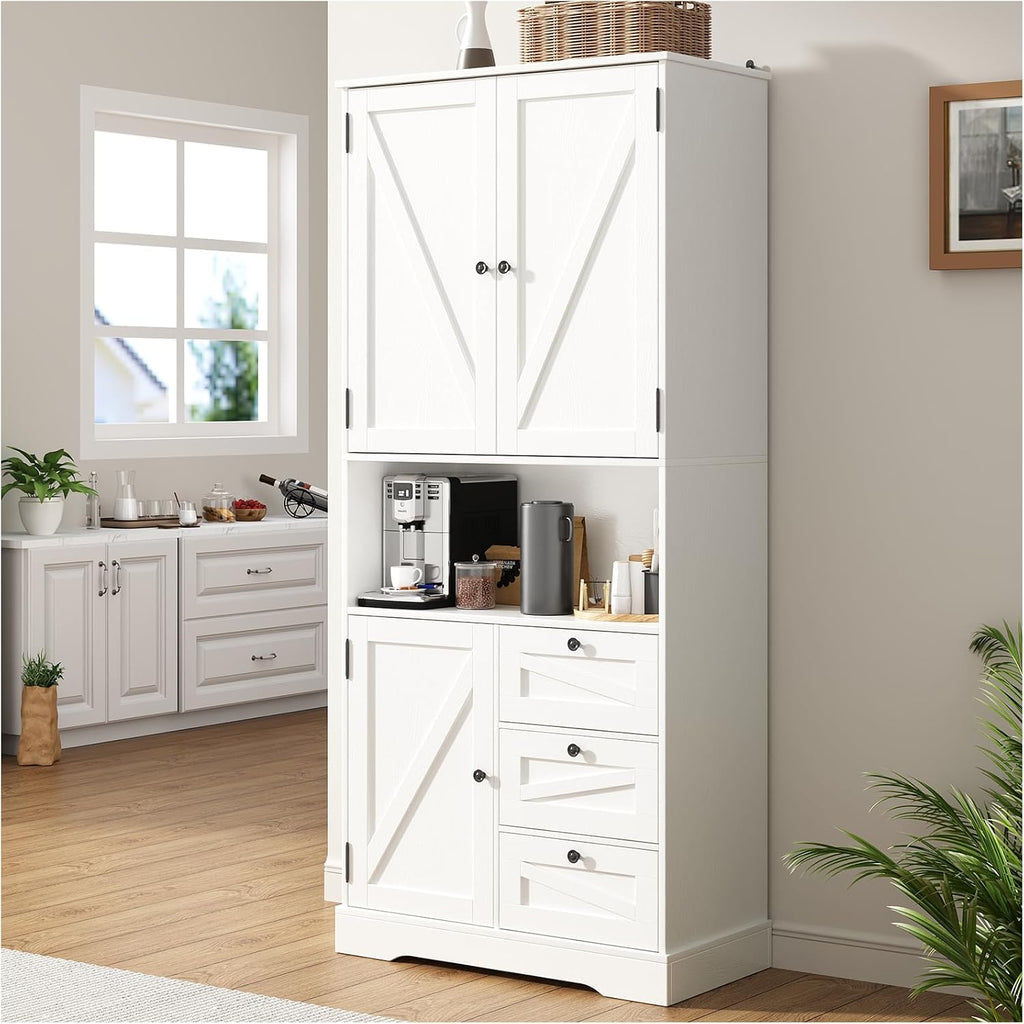 Farmhouse 71 Inch Kitchen Pantry Cabinet, Storage Cabinet with 3 Door Shelves and 3 Drawer, Versatile Storage for Kitchen, Dining Room, Living Room, White Wood Grain