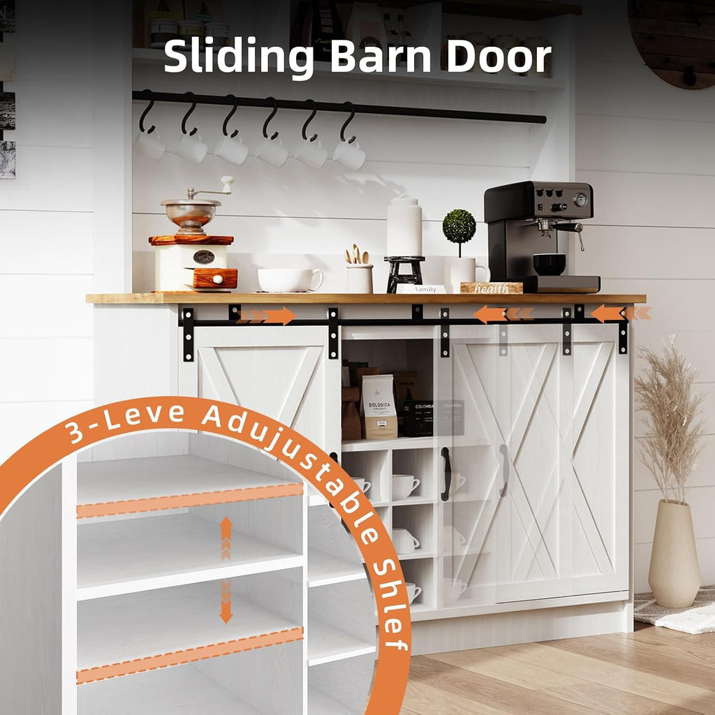 4ever2buy Farmhouse Coffee Bar Cabinet with Storage, 47' Coffee Bar with Storage Hutch & Barn Doors, Hutch Cabinet with 6 Hooks & 9 Wine Racks for Dining Room, Kitchen, White
