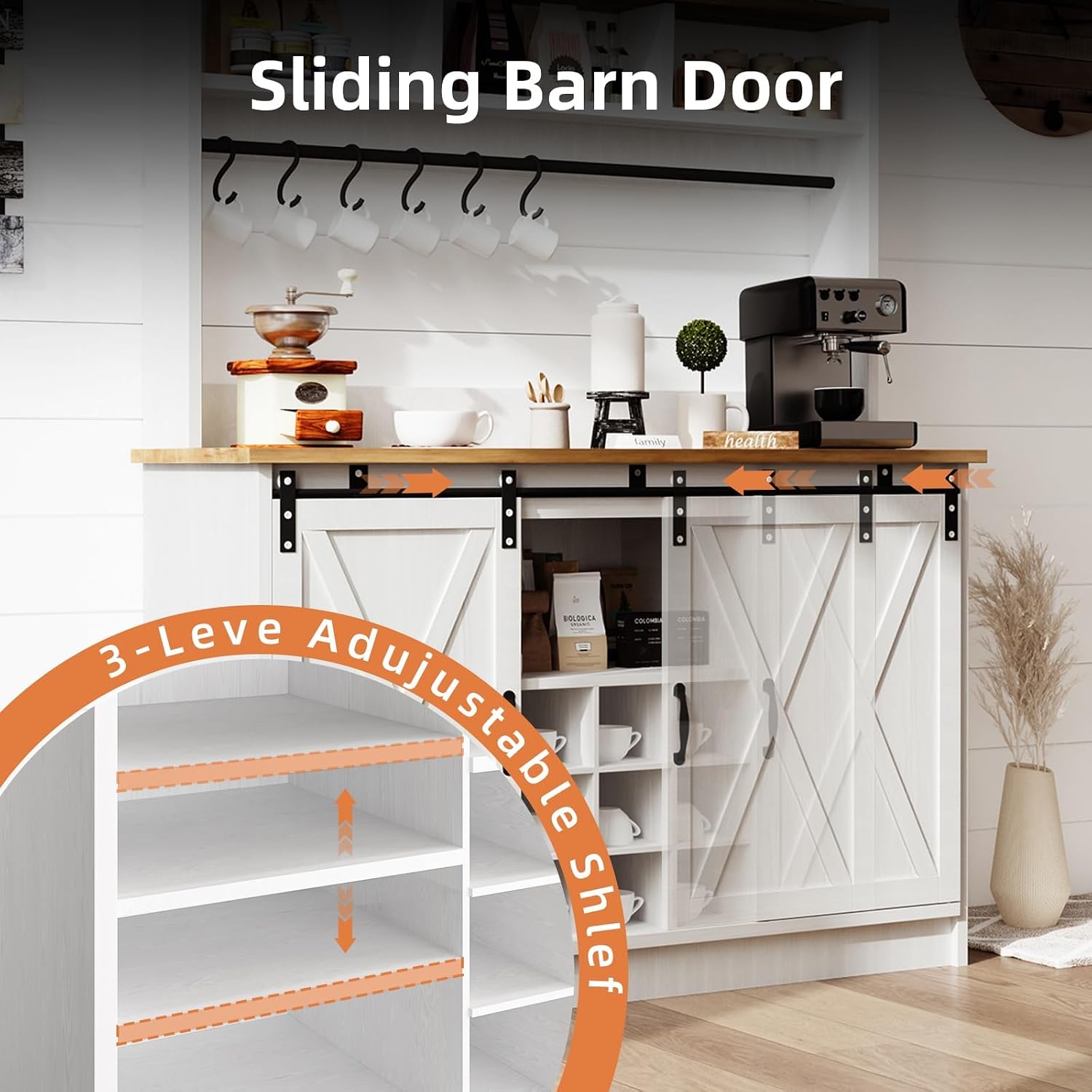 4ever2buy Farmhouse Coffee Bar Cabinet with Storage, 47' Coffee Bar with Storage Hutch & Barn Doors, Hutch Cabinet with 6 Hooks & 9 Wine Racks for Dining Room, Kitchen, White