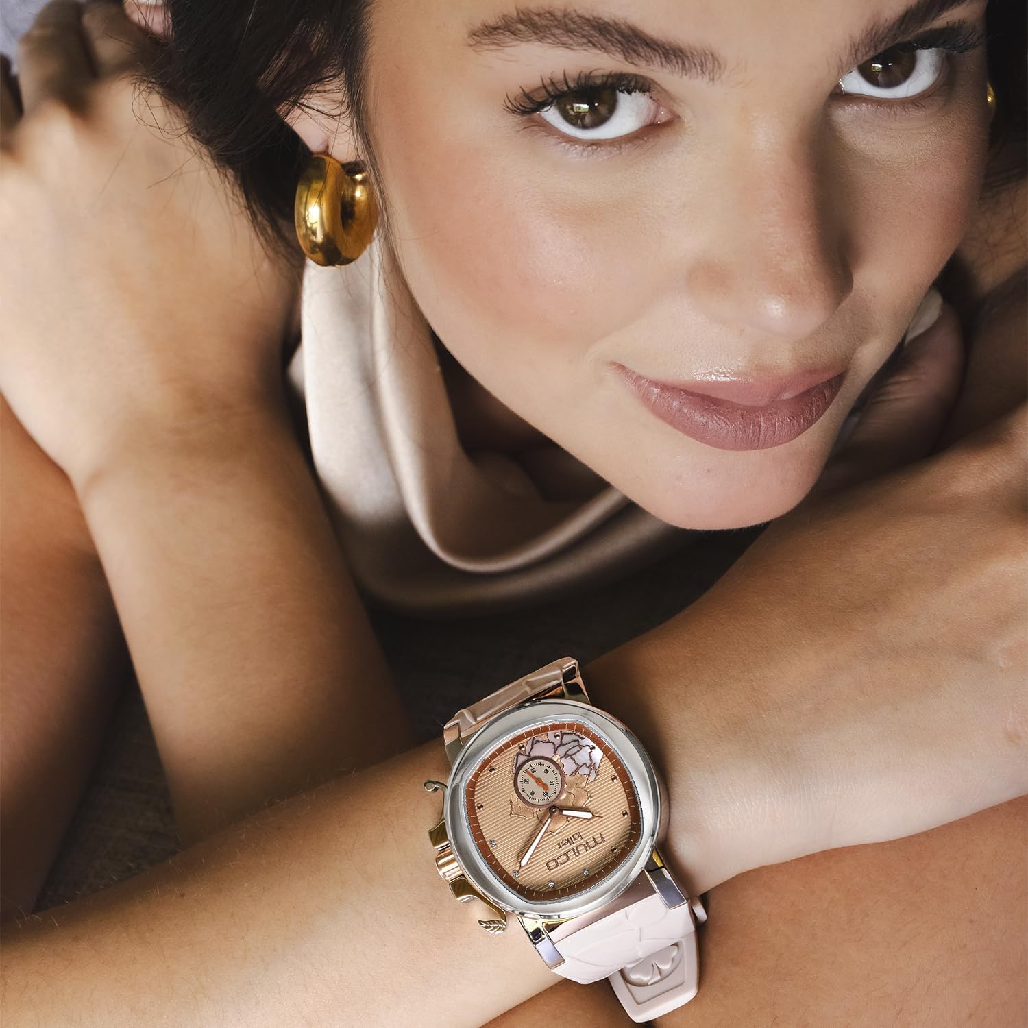 MULCO Le Fleur Gardenia Women's Watch – 43 mm Stainless-Steel Case, Rose-Gold Bezel, Mother-of-Pearl Dial with Crystal Accents, Pure Silicone Strap, Quartz Multifunction Movement, 10 ATM Waterproof