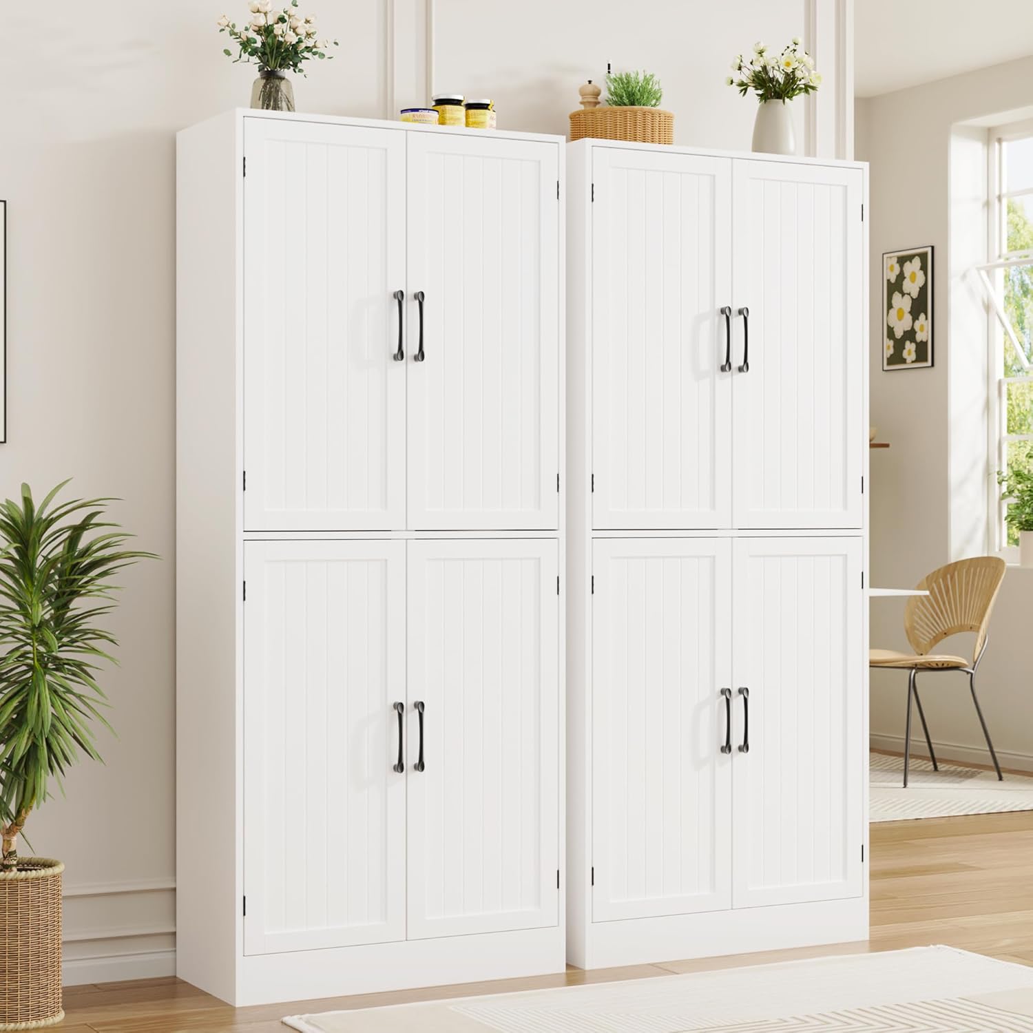 MHOM 71' Tall White Pantry Cabinet, Farmhouse Storage Cabinet with 4 Doors and Adjustable Shelves, Freestanding Pantry for Dining Room, Kitchen, and Living Room
