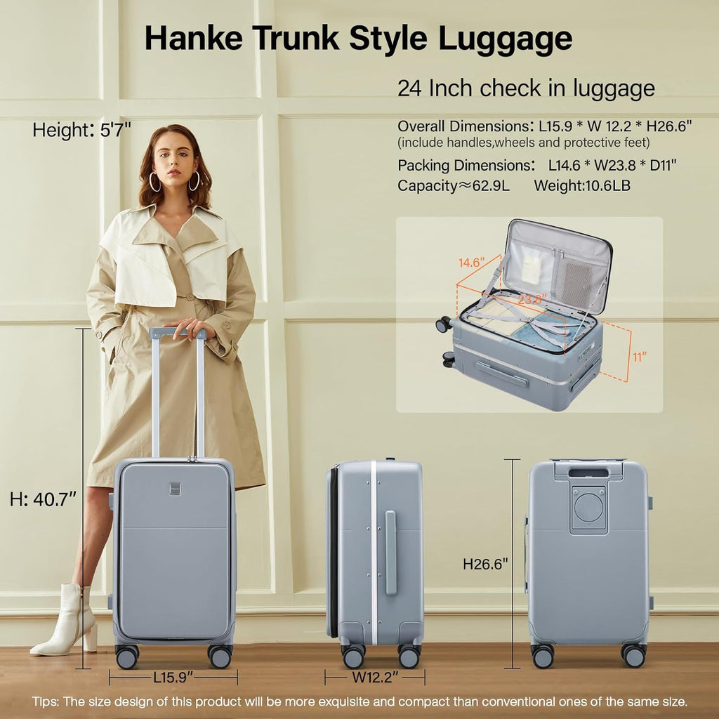 Hanke 24 Inch Checked Luggage with Cup Holder and USB Ports,Top Opening Hard Shell Suitcase with Wheels,Aluminum Frame Trunk Luggage with Foldable Dividers & TSA Lock for Travel, Gray