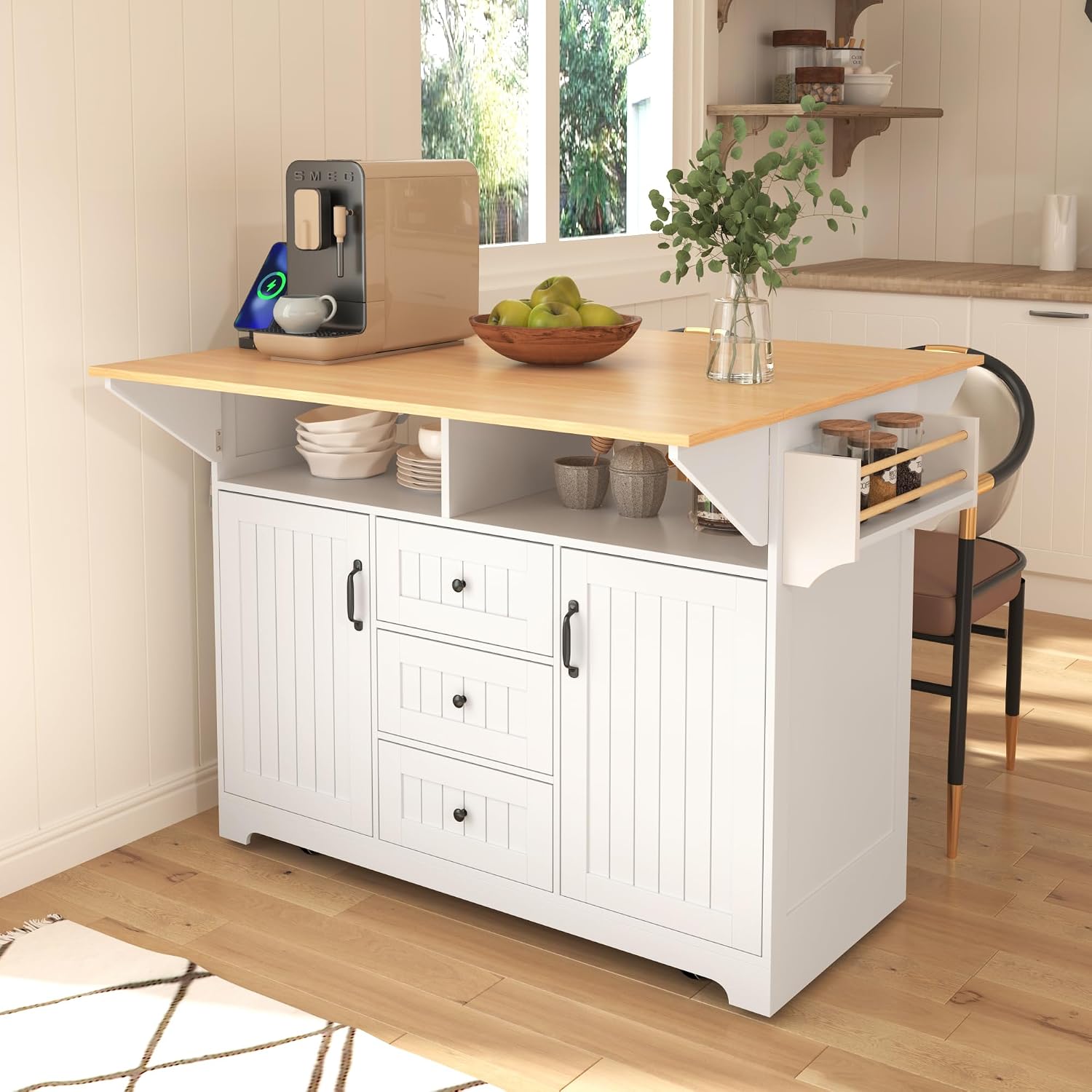 Modern Large Kitchen Island with 2 Drop Leaf, Rolling Kitchen Cart on 5 Wheels with Power Outlet, Folding Storage Dining Table for Kitchen, Dining Room (White/Folding)