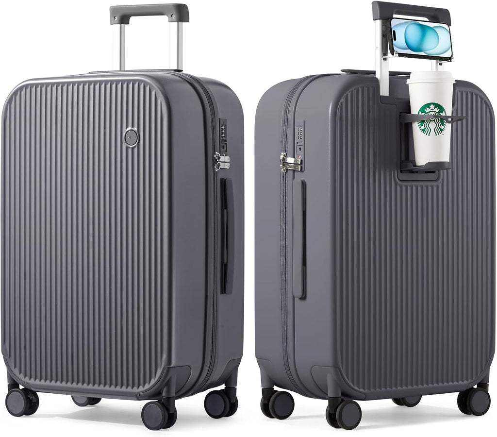 mixi Checked Luggage with Cup Phone Holder Hard Shell Rolling Travel Suitcase with Spinner Wheels,26 Inch Rock Grey