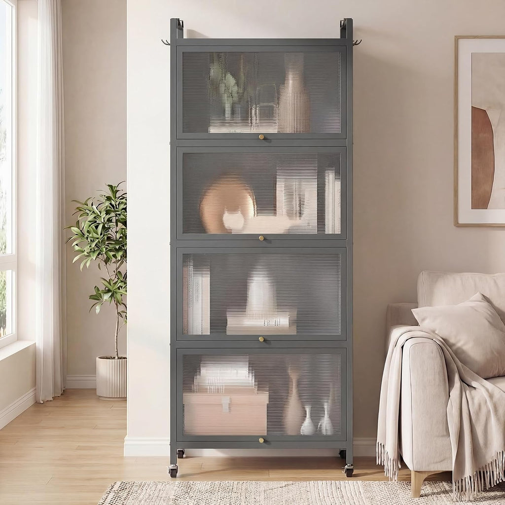 Giantex 5-Tier Kitchen Storage Cabinet, Freestanding Metal Pantry Cabinet w/ 4 Flip-up PC Doors, 4 Hooks & Adjustable Feet, 60' Tall Bakers Rack Microwave Stand for Dining Room, Living Room, Grey