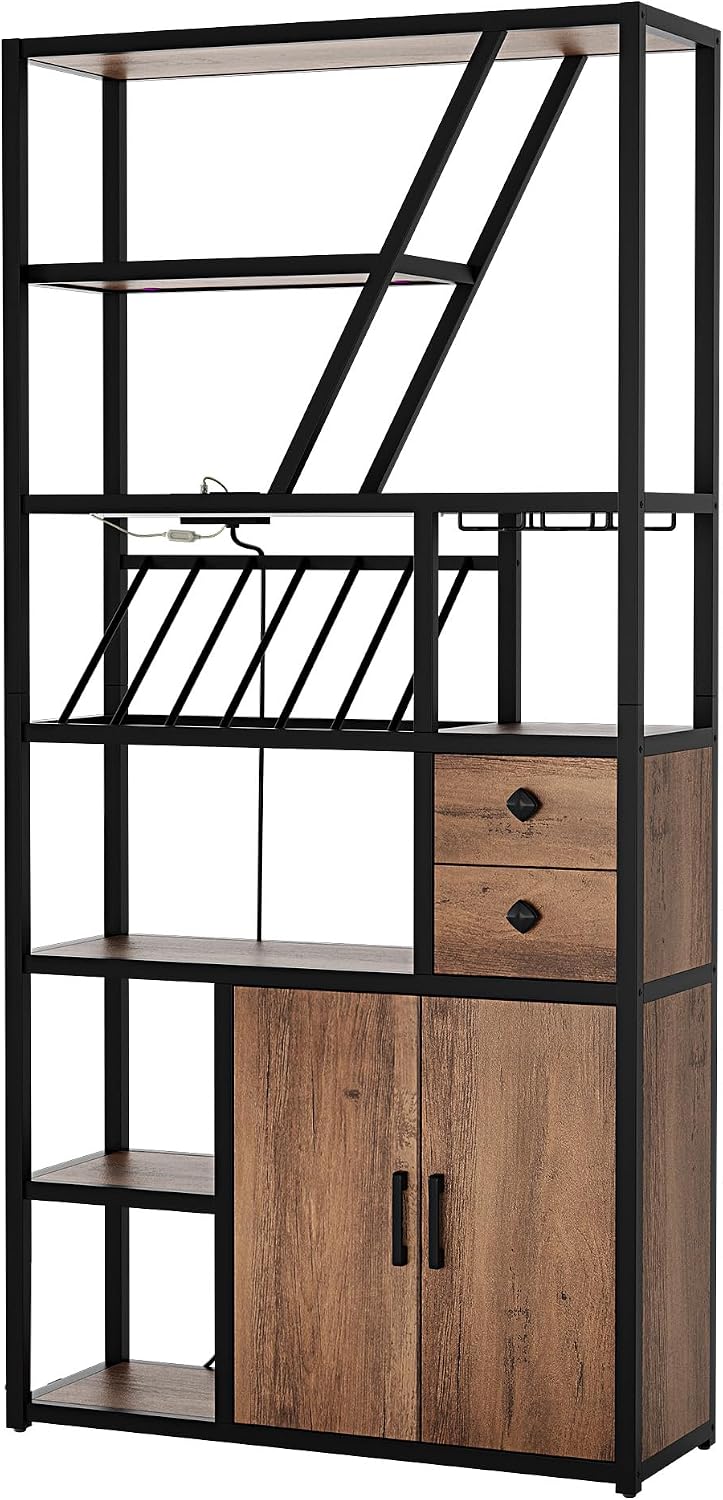 Wine Bar Cabinet with LED Lights, Tall Coffee Bar Station with Power Outlets, Wine Rack, Kitchen Microwave Stand Bakers Rack Cabinet for Living Room - Power Outlets Convenience