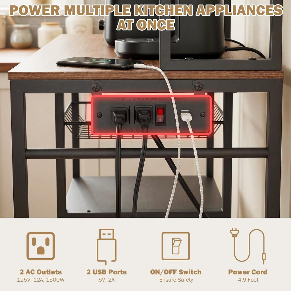 Uieke Bakers Rack with Power Outlet and Storage, Kitchen Bakers Rack with Cabinet & 10 Hooks, Coffee Bar Cabinet, Microwave Stand, 5 Tiers Kitchen Storage Rack for Dining Room & Small Spaces, Black