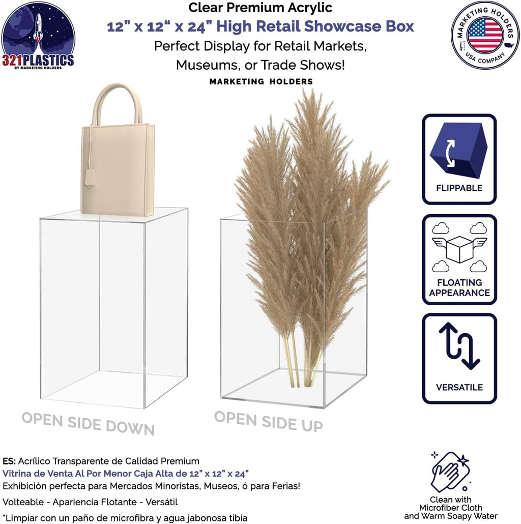 Tall Display Box Clear Acrylic 12' x 12' x 24' No Lid Hollow Pedestal 5 Sided Vertical Rectanugular Display for Flowers Dust Cover Bin Collectible Elevation Multi Use Showcase by Marketing Holders
