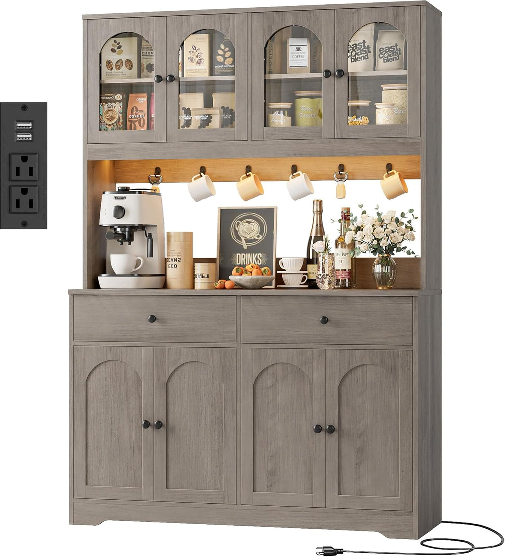 HIFIT 71' LED Kitchen Pantry Cabinet with Power Outlet, Large Kitchen Hutch Storage Cabinet with Arched Door, Shelves, 2 Drawer, Tall Farmhouse Coffee Bar w/Hutch for Home Dining Living Room, Ash Grey