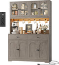 HIFIT 71' LED Kitchen Pantry Cabinet with Power Outlet, Large Kitchen Hutch Storage Cabinet with Arched Door, Shelves, 2 Drawer, Tall Farmhouse Coffee Bar w/Hutch for Home Dining Living Room, Ash Grey