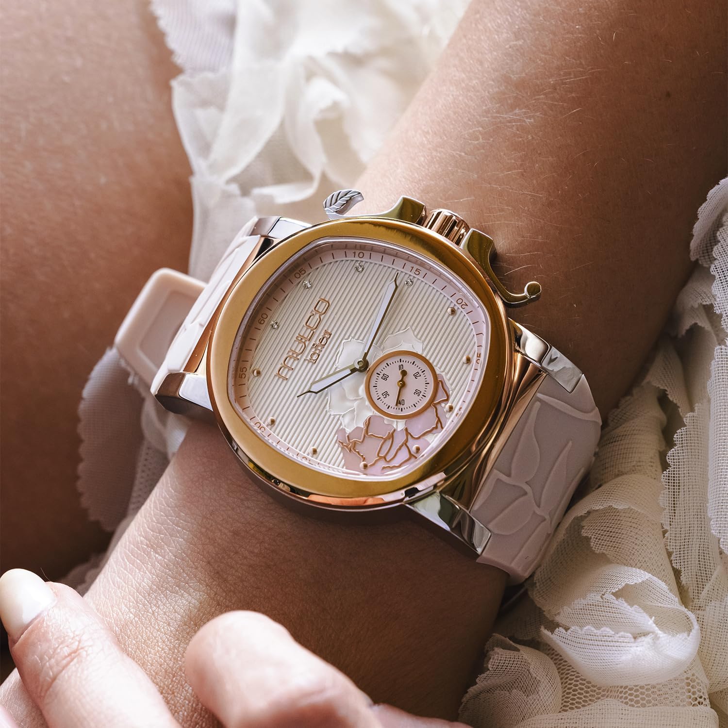 MULCO Le Fleur Gardenia Women's Watch – 43 mm Stainless-Steel Case, Rose-Gold Bezel, Mother-of-Pearl Dial with Crystal Accents, Pure Silicone Strap, Quartz Multifunction Movement, 10 ATM Waterproof