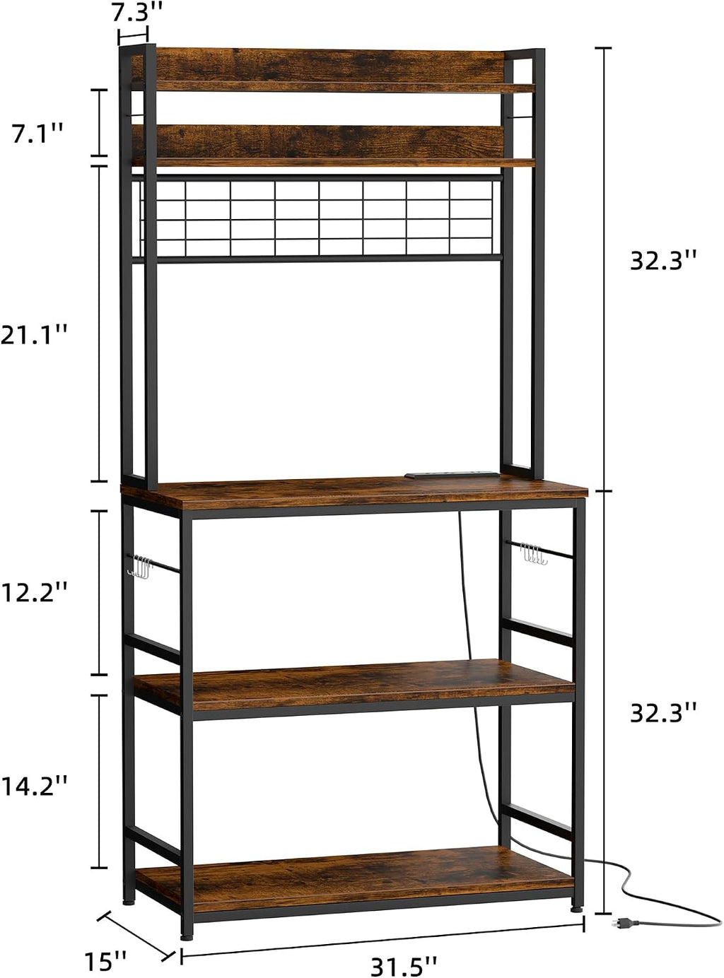 JY QAQA Kitchen Bakers Rack, Coffee Bar Cabinet, Kitchen Racks with Power Outlet, 5-Tier Microwave Stand with Storage Cabinet, 10 Hooks and Metal Wire Panel, Brown