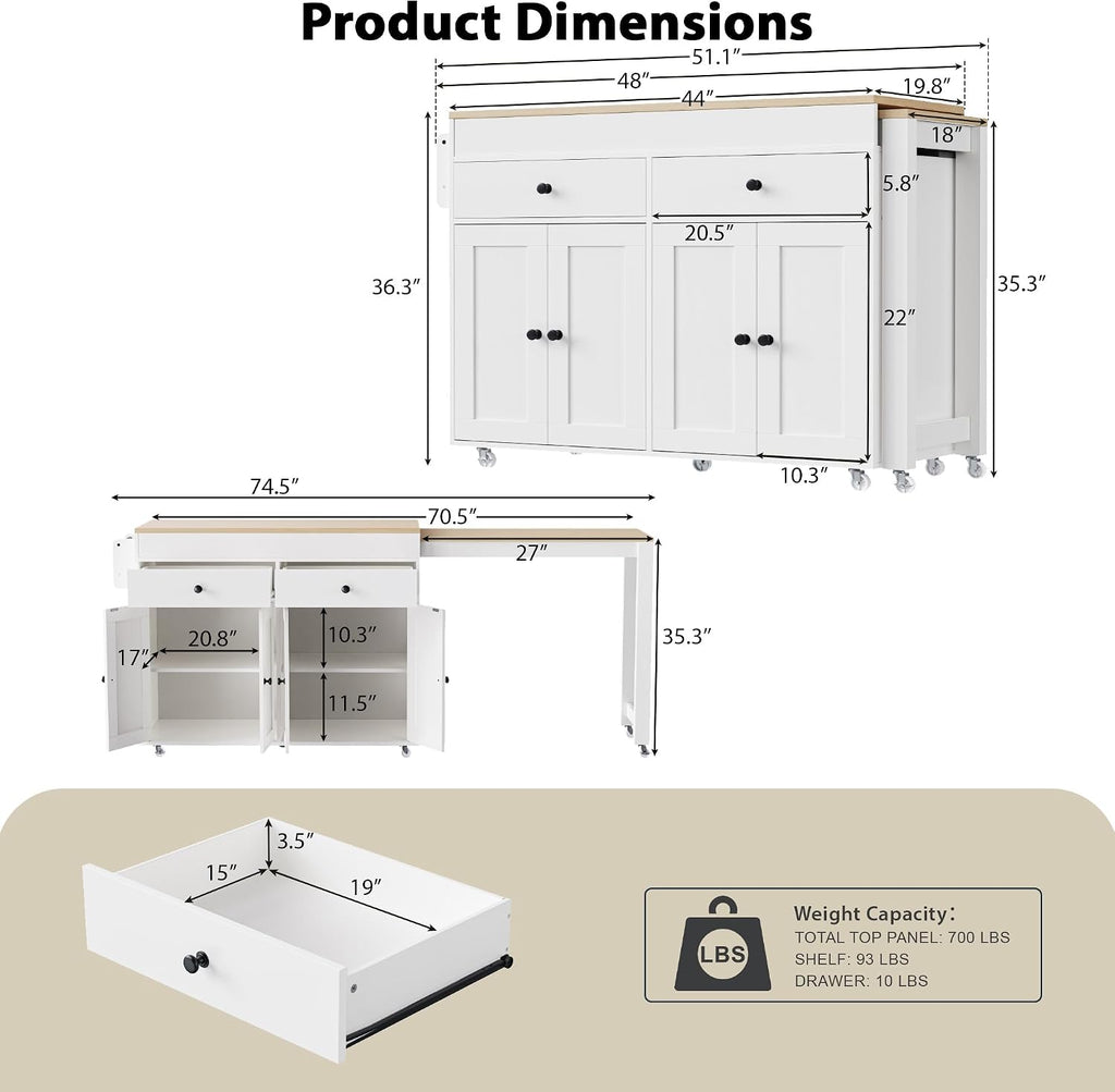 74.5 inch Kitchen Island with Extendable Dining Table, Rolling Kitchen Island on Wheels with Spice Rack and 2 Drawers, Kitchen Storage Cart with 4 Door Cabinet, for Kitchen, Dining Room (Off White/E)
