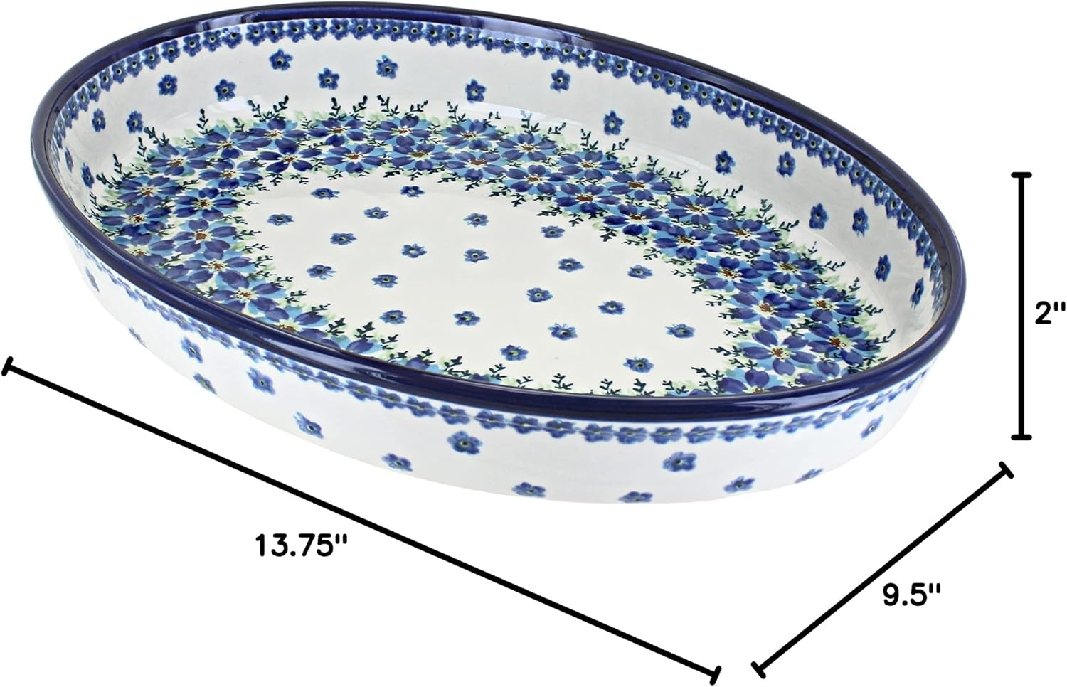 Blue Rose Polish Pottery - Blue Kalina Large Oval Baker - 14' x 10.25' - Unique, Dishwasher Safe, & Durable Bakeware