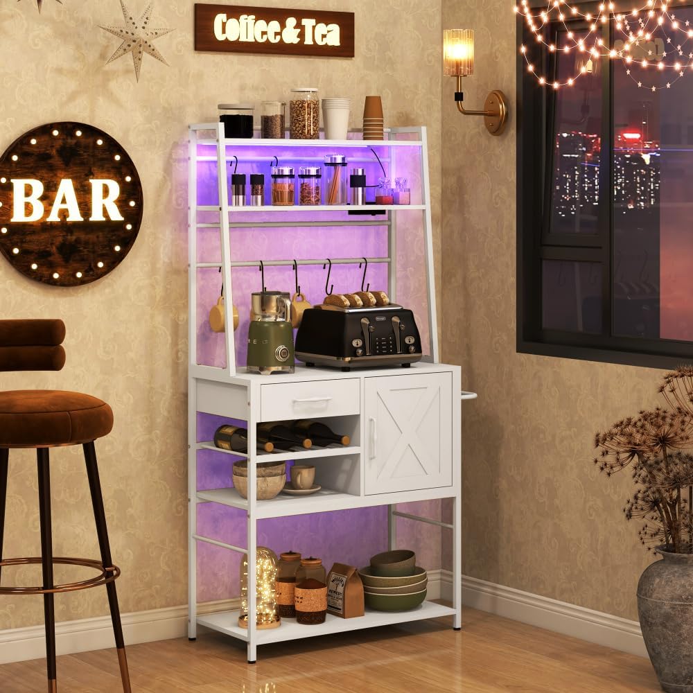 HOMCOM Baker's Rack with Power Outlet and LED Lights, Coffee Bar with Storage Shelves, Industrial Microwave Stand with Wine Bottle Rack, Drawer, Barn Door Cabinet, White