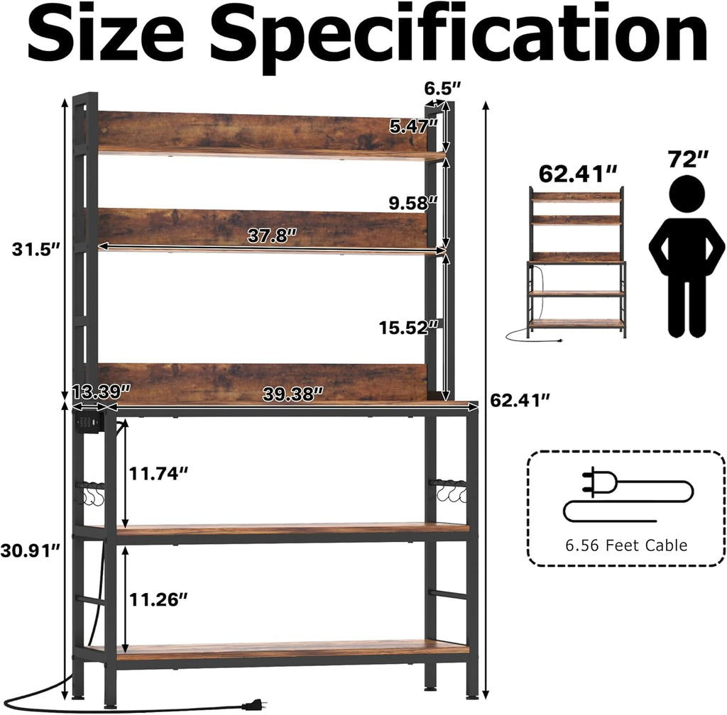 Baker Rack with Power Outlet,5-Tier Free Standing Storage Shelf Rack with Hooks,Microwave Stand with Storage, Metal Kitchen Shelf Rack for Spices,Coffee Bar Station