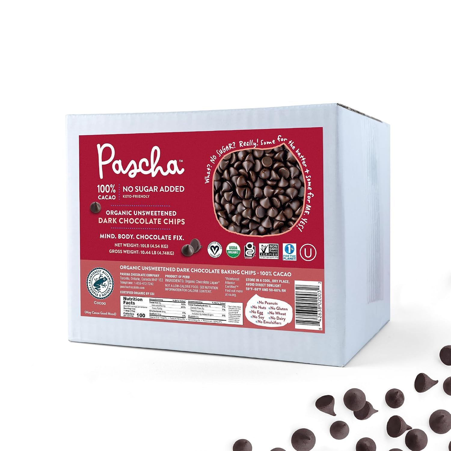 Pascha Bulk Organic Unsweetened 100% Dark Chocolate Baking Chips, 10 Pound