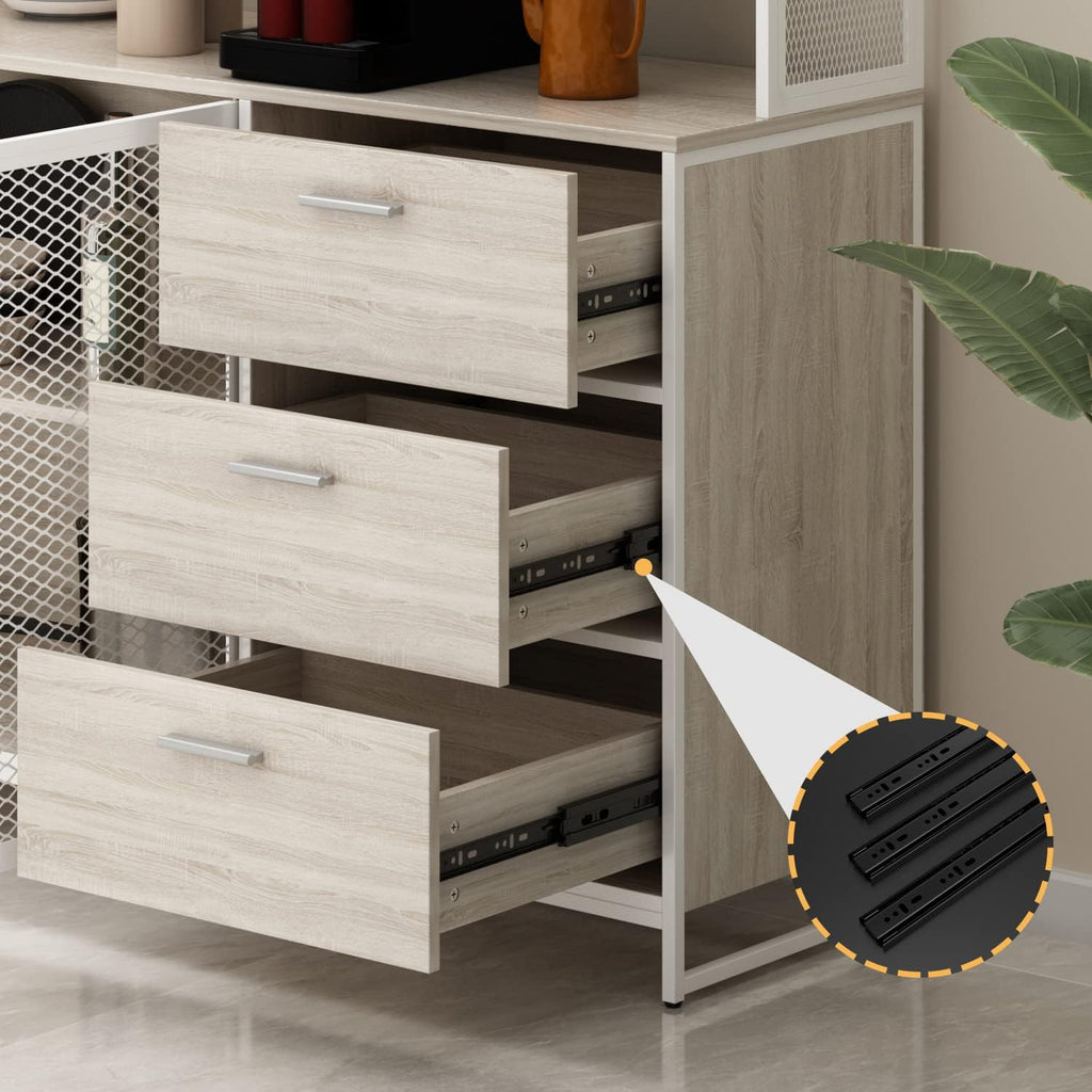 AGOTENI Large Kitchen Hutch Cabinet, Storage Cupboard Pantry with 3 Metal Doors, 3 Drawers & Microwave Shelf, for Kitchen Open Storage, Oak (59' W x 15.7' D x 68.5' H)