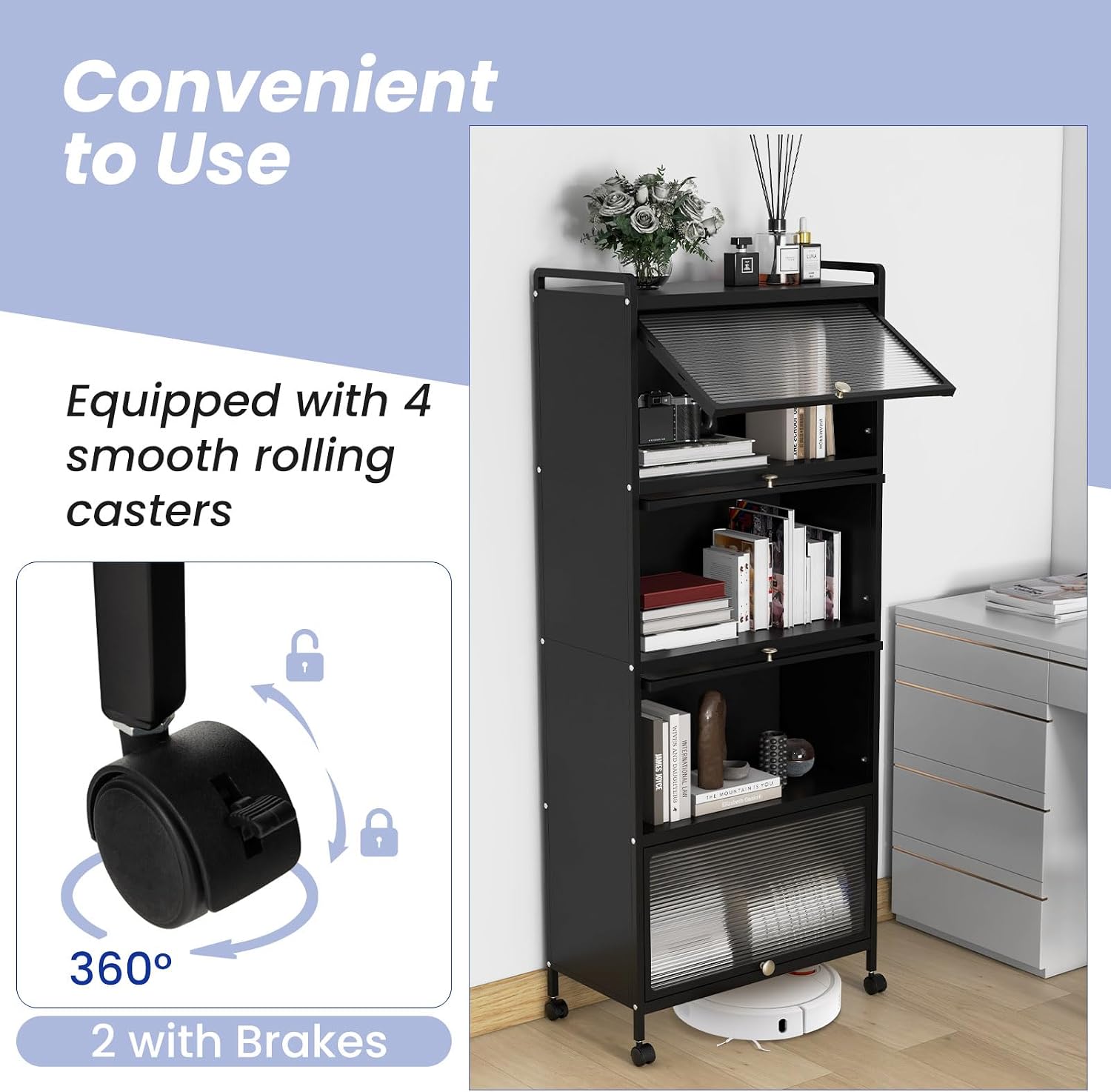 MAT EXPERT 5-Tier Kitchen Storage Cabinet, Freestanding Appliance Organizer on Wheels with Flip Door & Anti-Topping Device, Kitchen Pantry Cabinet Bakers Rack for Living Room, Study (Black)
