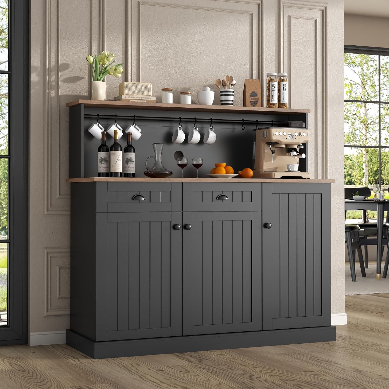 Gyfimoie Sideboard Buffet Cabinet with 2 Drawers, Farmhouse Kitchen Pantry with Adjustable Shelves, Coffee Bar Cupboard Cabinet with 3 Doors for Kitchen, Dining Room (Black)