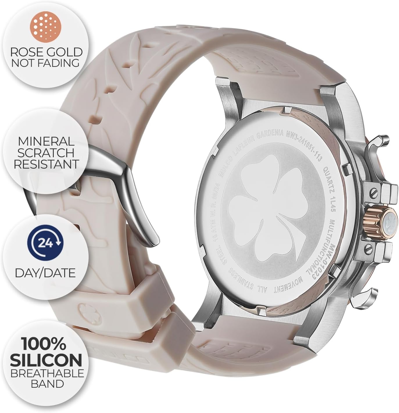 MULCO Le Fleur Gardenia Women's Watch – 43 mm Stainless-Steel Case, Rose-Gold Bezel, Mother-of-Pearl Dial with Crystal Accents, Pure Silicone Strap, Quartz Multifunction Movement, 10 ATM Waterproof