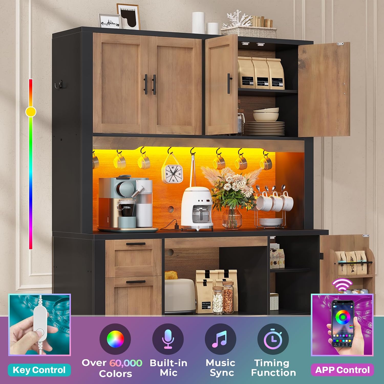 Itaar 71' Pantry Cabinet with Charging Station and LED Light, Kitchen Pantry Cabinet with Microwave Stand, 47.2' Wide Kitchen Storage Cabinets with Storage Cart 3 Tier for Dining Room,Brown