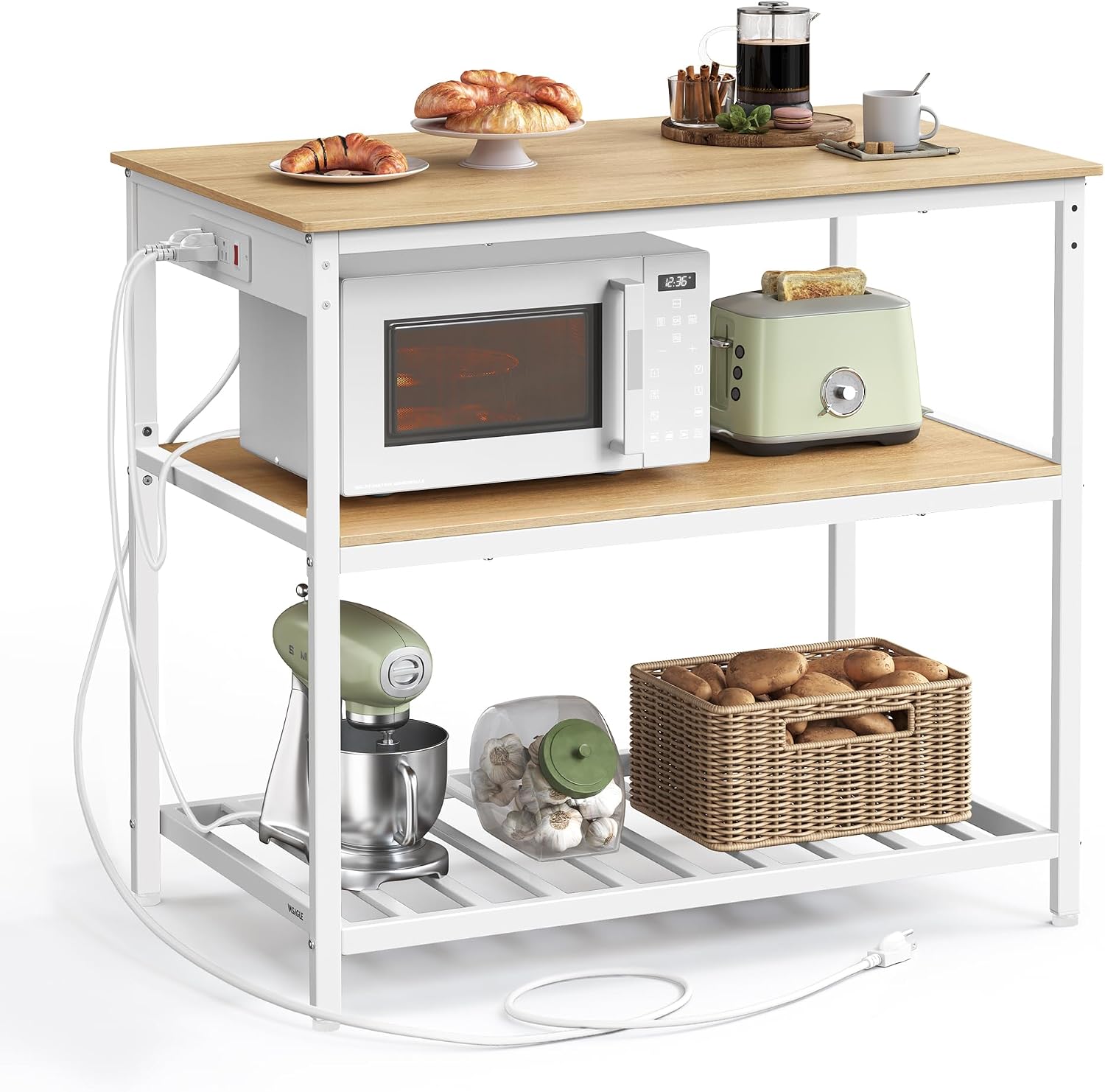 VASAGLE Kitchen Island with 3 Shelves, Kitchen Shelf with Power Strip, 23.6 x 39.4 x 34.9 Inches, Large Worktop, Steel Structure, Industrial, Easy to Assemble, Oak Color and White UKKI105Y01