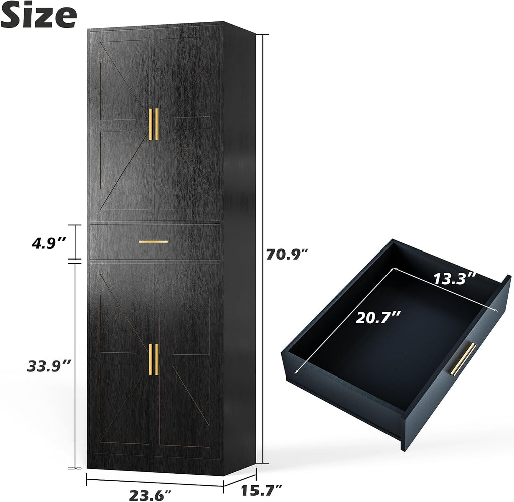 71' Tall Kitchen Pantry Storage Cabinet with 4 Doors & Drawer, Adjustable Shelves, Farmhouse Cupboard, Freestanding Cabinet with Door Shelves for Dining Room/Living Space, Black