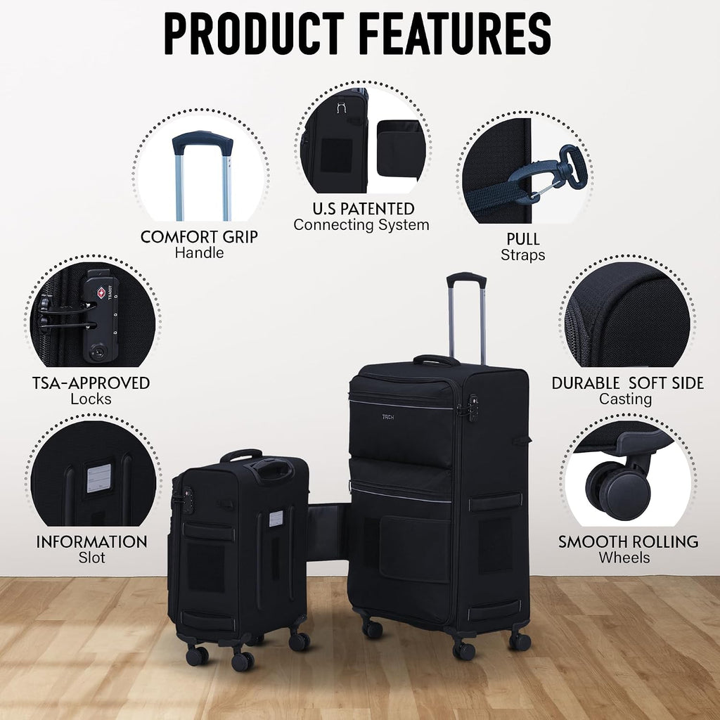 TACH LITE Samba Softside 3 Piece Luggage Set 20/24/28 Inch | Connectable Suitcases with Spinner Wheels Lightweight Travel Suitcase with Wheels Carry On & Checked Bags | Soft Sided Luggage Set (Black)
