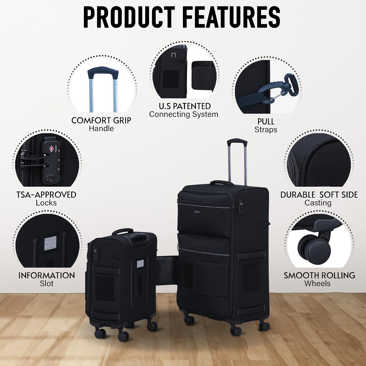 TACH LITE Samba Softside 3 Piece Luggage Set 20/24/28 Inch | Connectable Suitcases with Spinner Wheels Lightweight Travel Suitcase with Wheels Carry On & Checked Bags | Soft Sided Luggage Set (Black)