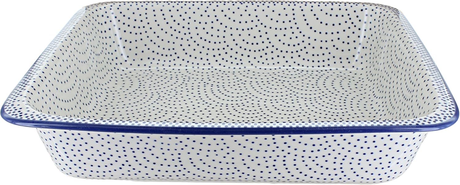 Blue Rose Polish Pottery - Blue Small Dots Large Rectangular Baker - 14' x 11.25' - Unique, Dishwasher Safe, & Durable Bakeware