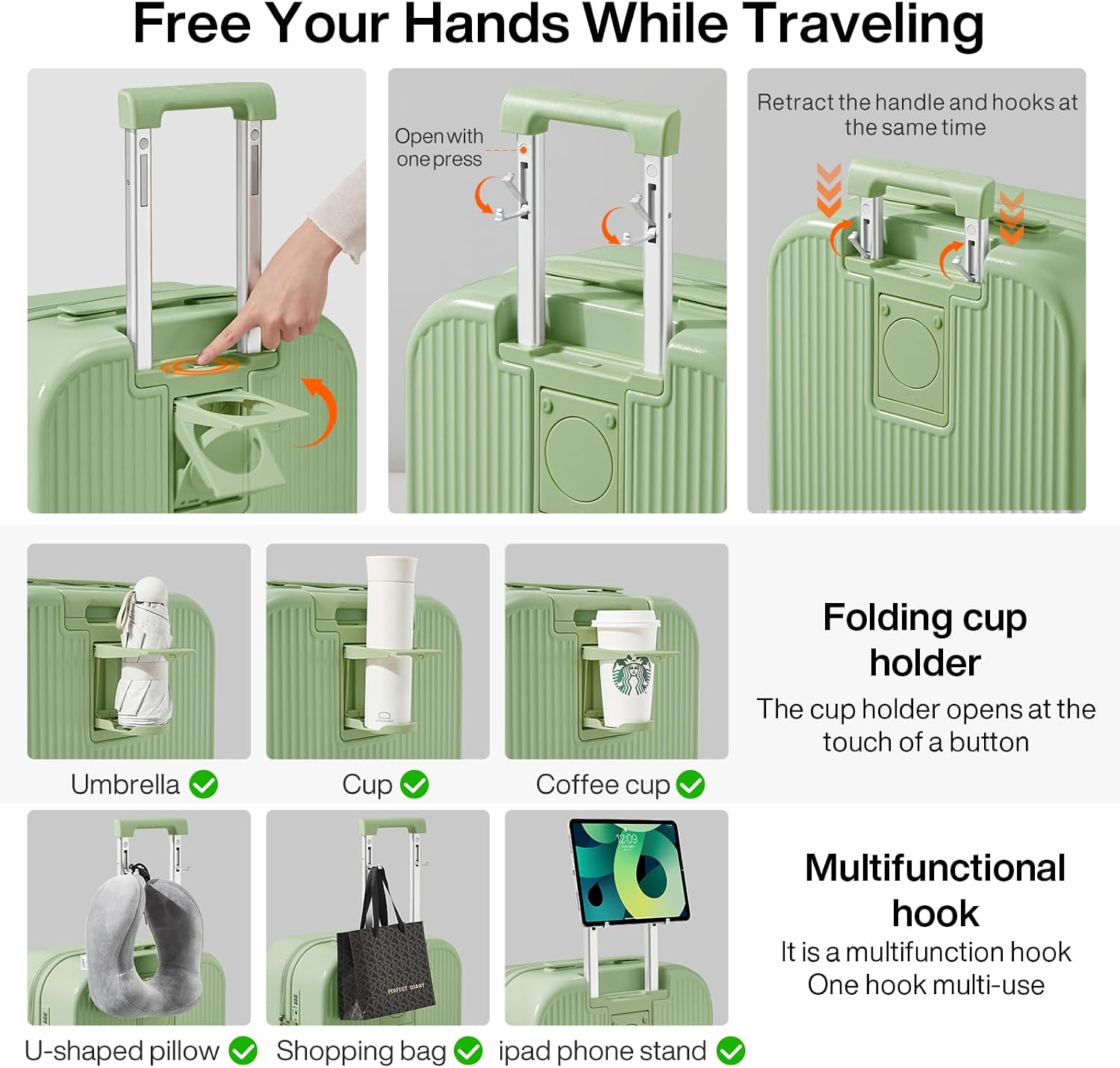 mixi Checked Luggage with Cup Phone Holder Hard Shell Rolling Travel Suitcase with Spinner Wheels,24 Inch Avocado Green