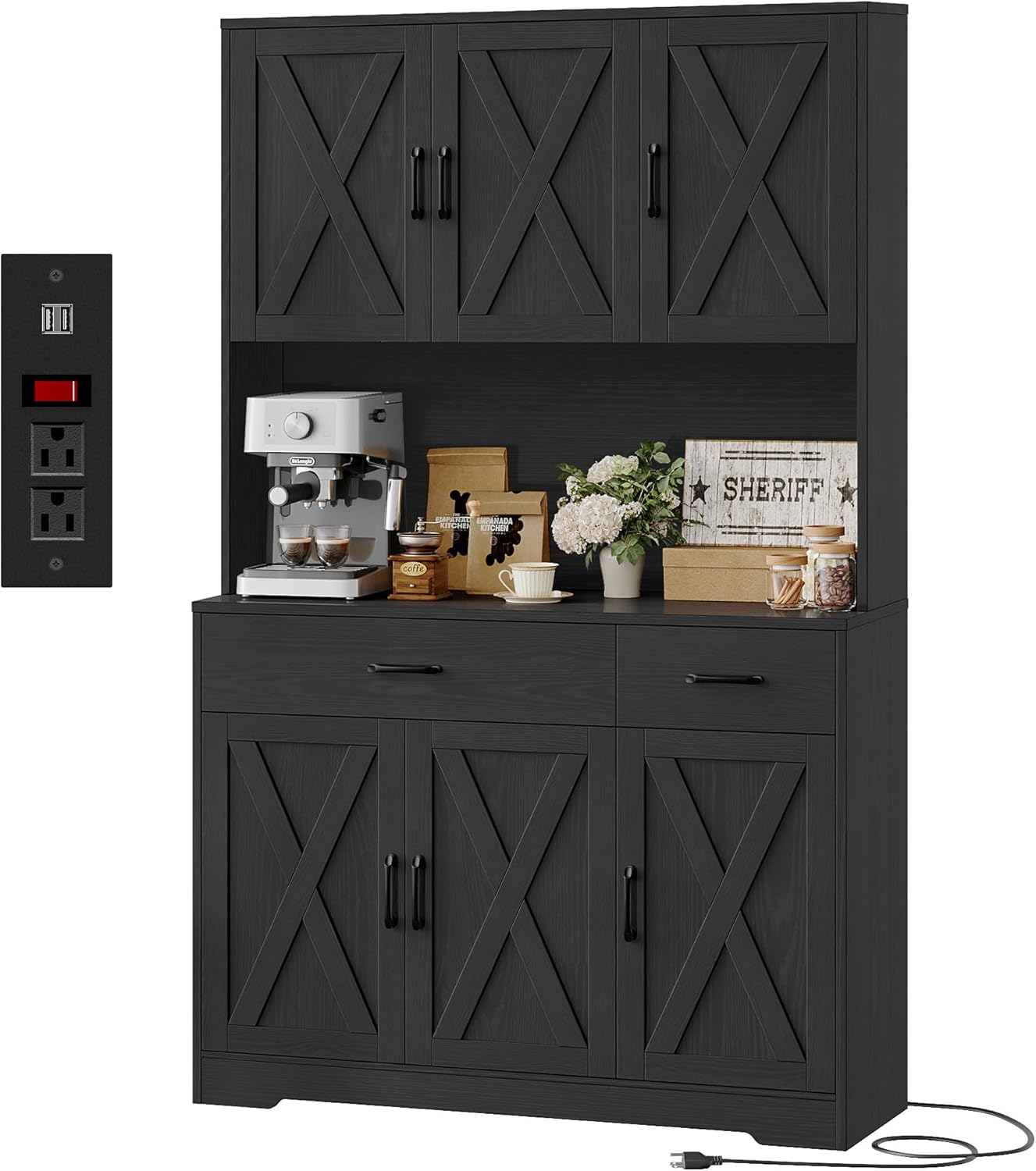 HOSTACK 71' Pantry Cabinet with Charging Station, Tall Kitchen Pantry Storage Cabinet with Microwave Stand, Farmhouse Kitchen Hutch with Storage Drawers for Living Room, Dining Room, Black Wood Grain