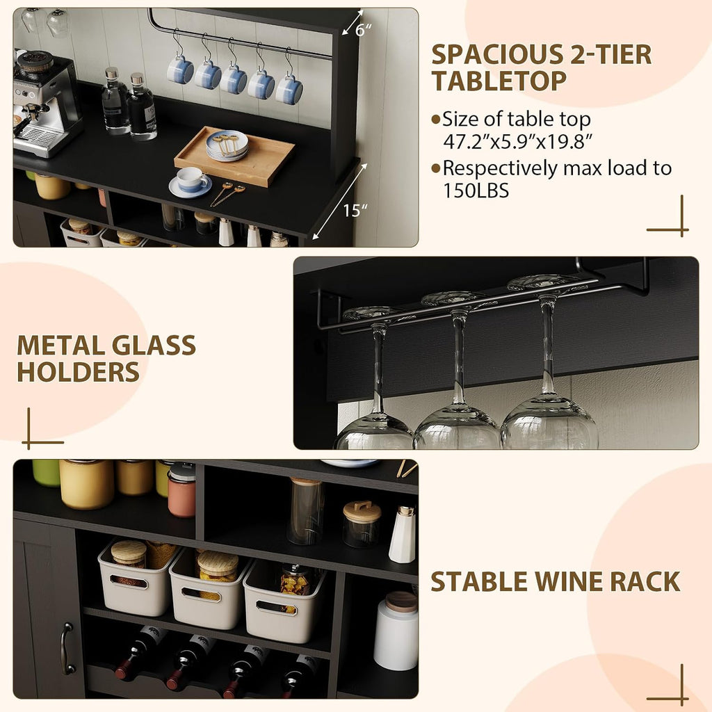 Bakers Rack With Power Outlet and LED Light 67'' Kitchen Microwave Stand Storage Shelf With 10 S-Shaped Hooks Wine Rack 5 Tiers Coffee Bar Station With Basket Cabinet Metal Grid Goblet Holder, Brown