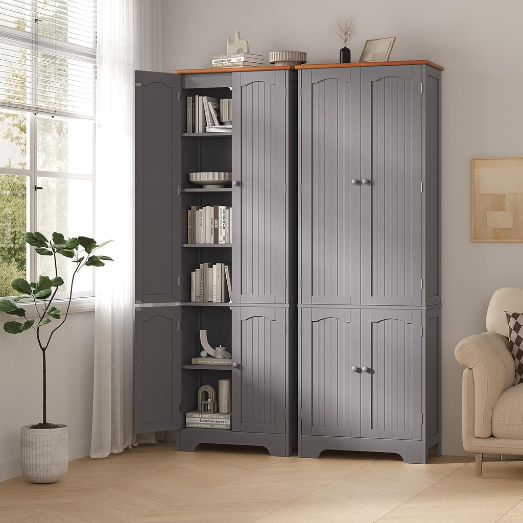 4 Door Pantry - 72.2'' Kitchen Cabinet with Adjustable Shelves, Freestanding Cupboard, Tall Storage Cabinets for Dining Room, Living Room, Laundry, Bathroom, Entryway, Grey