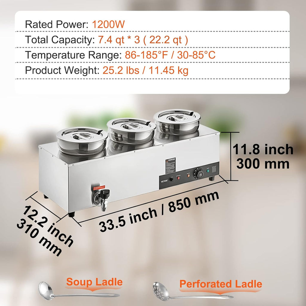 ETL Listed VEVOR Electric Soup Warmer, Three 7.4QT Stainless Steel Round Pot 86~185°F Adjustable Temp, 1200W Commercial Bain Marie with Anti-Dry Burn, Soup Station for Restaurant, Buffet, Silver