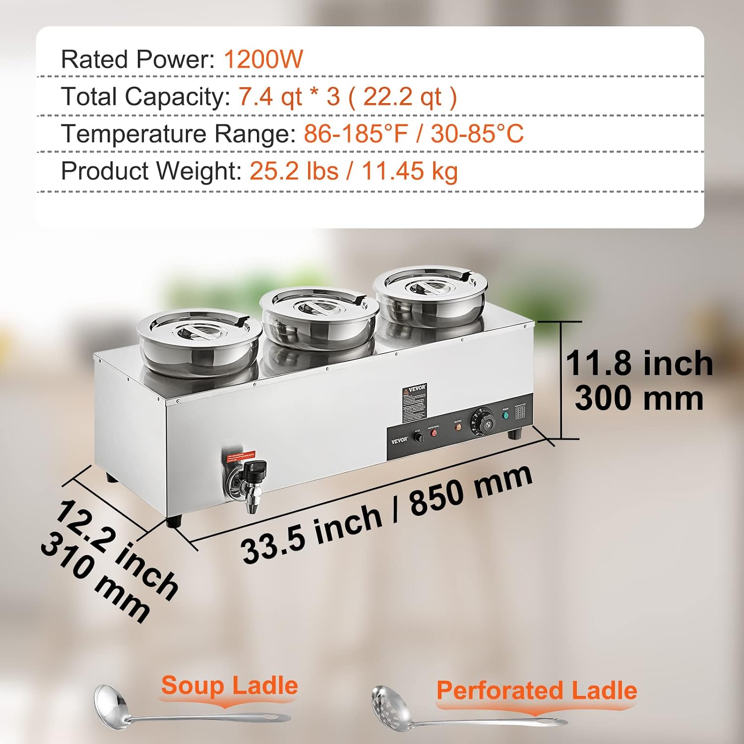 ETL Listed VEVOR Electric Soup Warmer, Three 7.4QT Stainless Steel Round Pot 86~185°F Adjustable Temp, 1200W Commercial Bain Marie with Anti-Dry Burn, Soup Station for Restaurant, Buffet, Silver