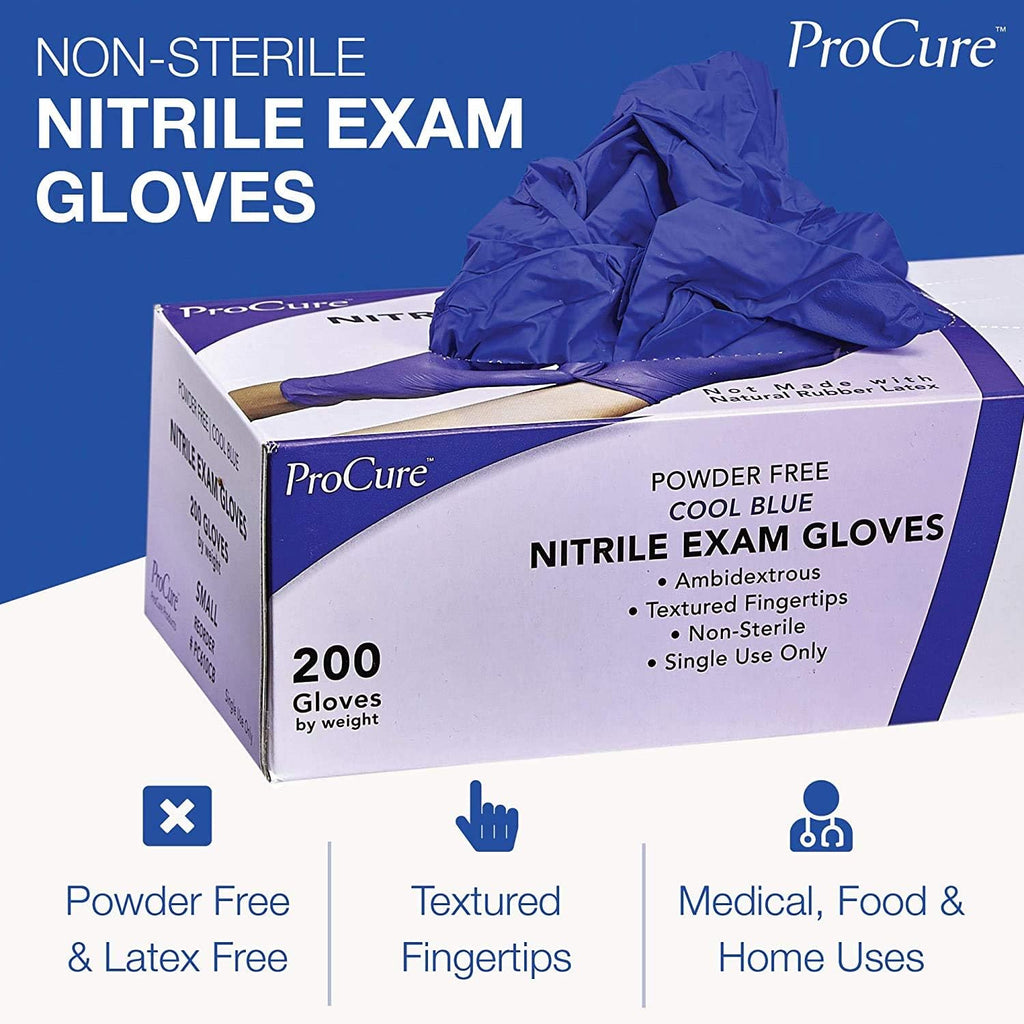 ProCure Disposable Nitrile Gloves - Medium, 2,000 Count Case - Powder Free, Rubber Latex Free, Medical Exam Grade, Non Sterile, Ambidextrous - Soft with Textured Tips - Cool Blue