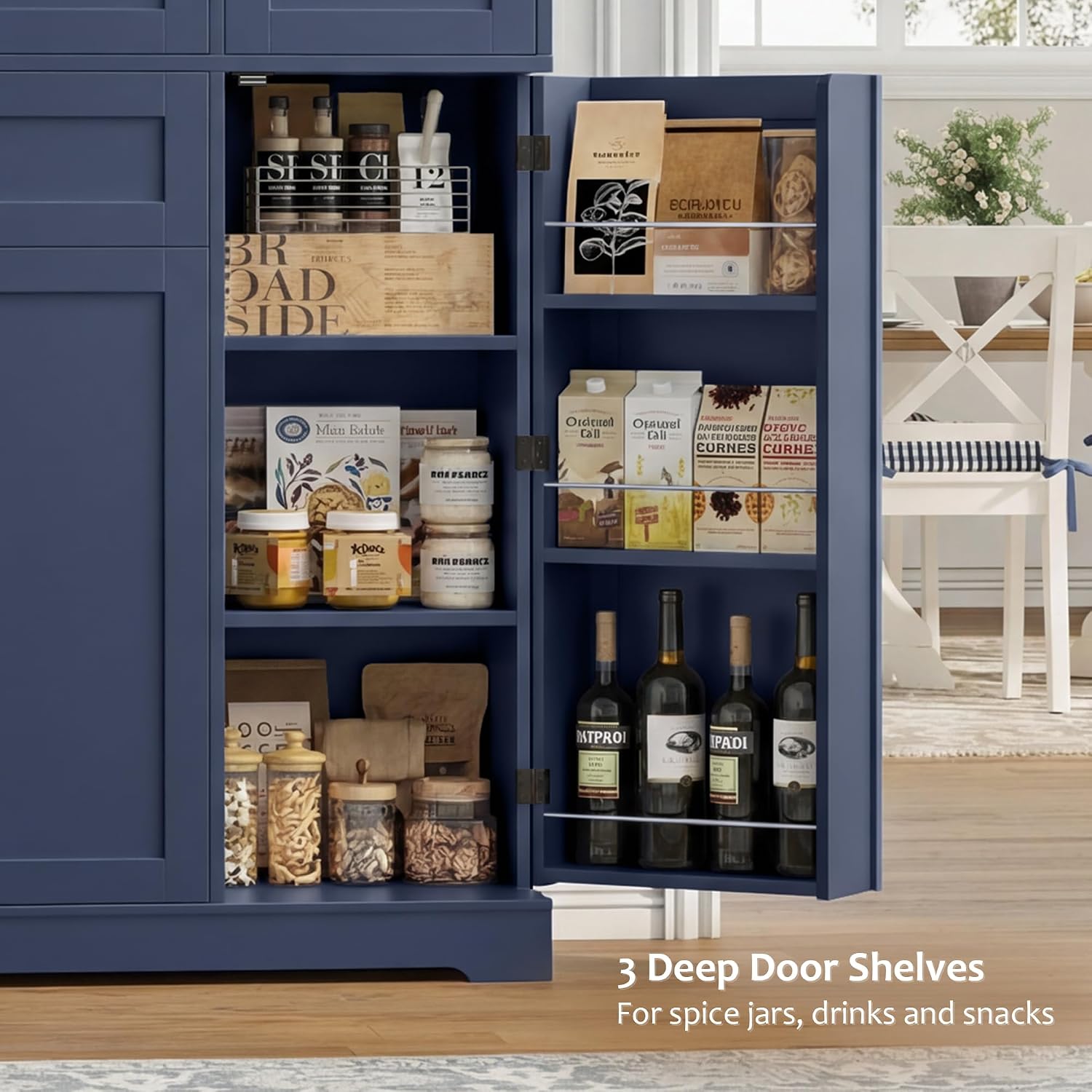 HOSTACK 68' Tall Kitchen Pantry Storage Cabinet, Modern Kitchen Hutch Cabinet with Doors and Shelves, Freestanding Food Pantry with Large Storage Drawer for Dining Room, Living Room, Navy Blue