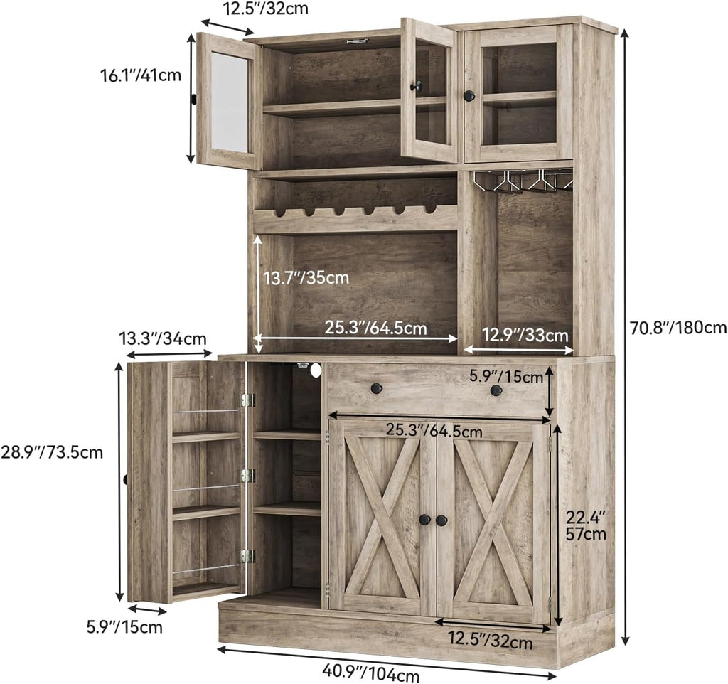 YITAHOME Kitchen Pantry Cabinet with Wine Rack & Power Outlet, 71' H Tall Storage Cabinet with Doors, Shelves, Drawer, Goblet Holder for Kitchen & Living Room (Grey)