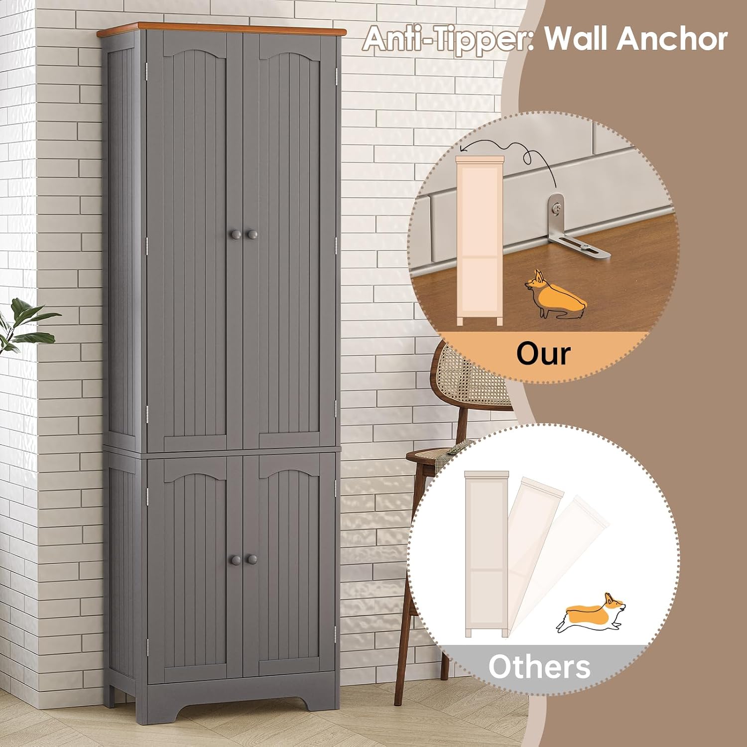 4 Door Pantry - 72.2'' Kitchen Cabinet with Adjustable Shelves, Freestanding Cupboard, Tall Storage Cabinets for Dining Room, Living Room, Laundry, Bathroom, Entryway, Grey
