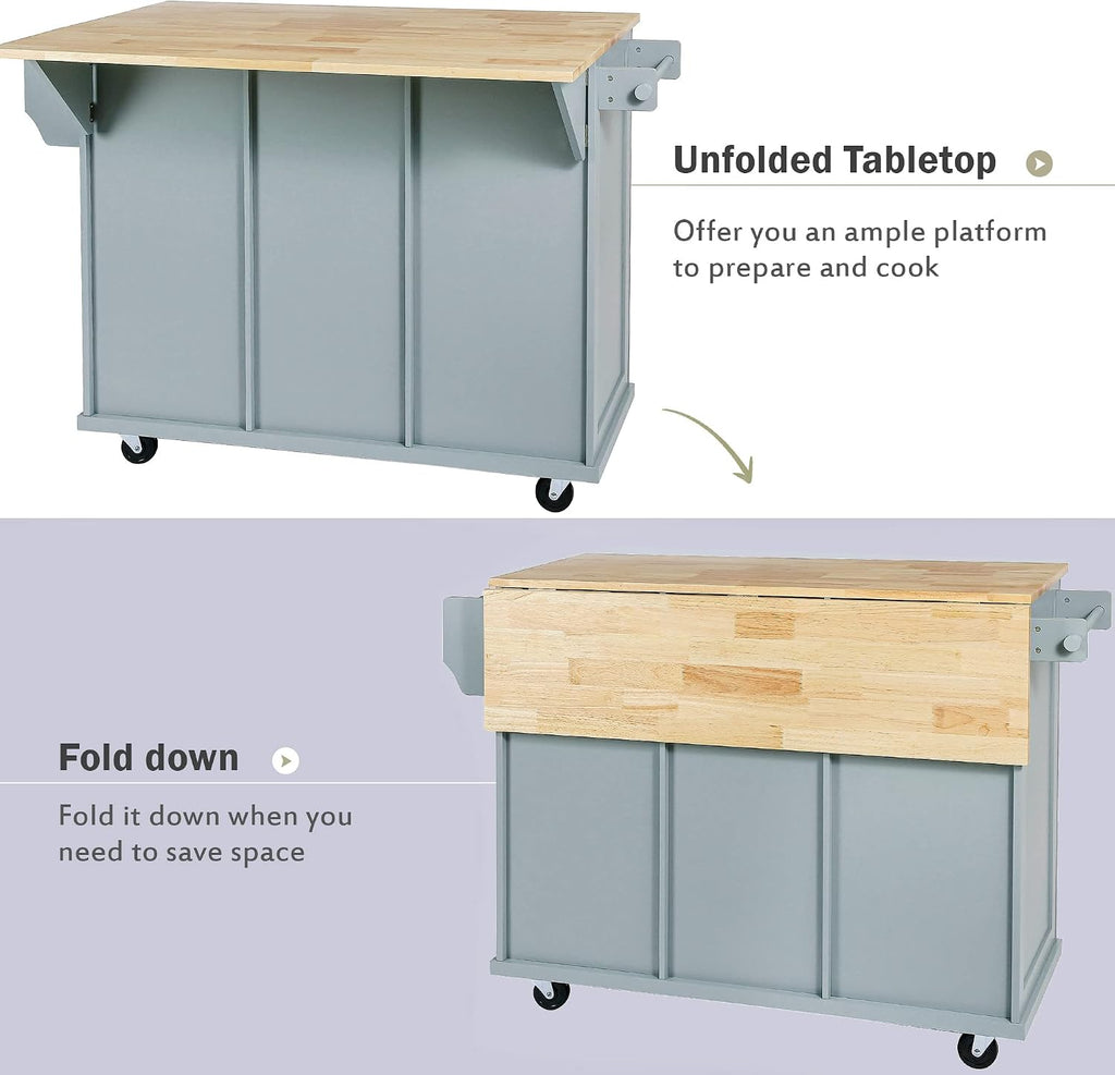 Modern Kitchen Island on 5 Wheels with Storage Cabinet and Drop-Leaf Countertop, Kitchen Cart with Cabinet Door Internal Storage Racks and 3 Drawers for Dinning Room (Grey Blue#M)