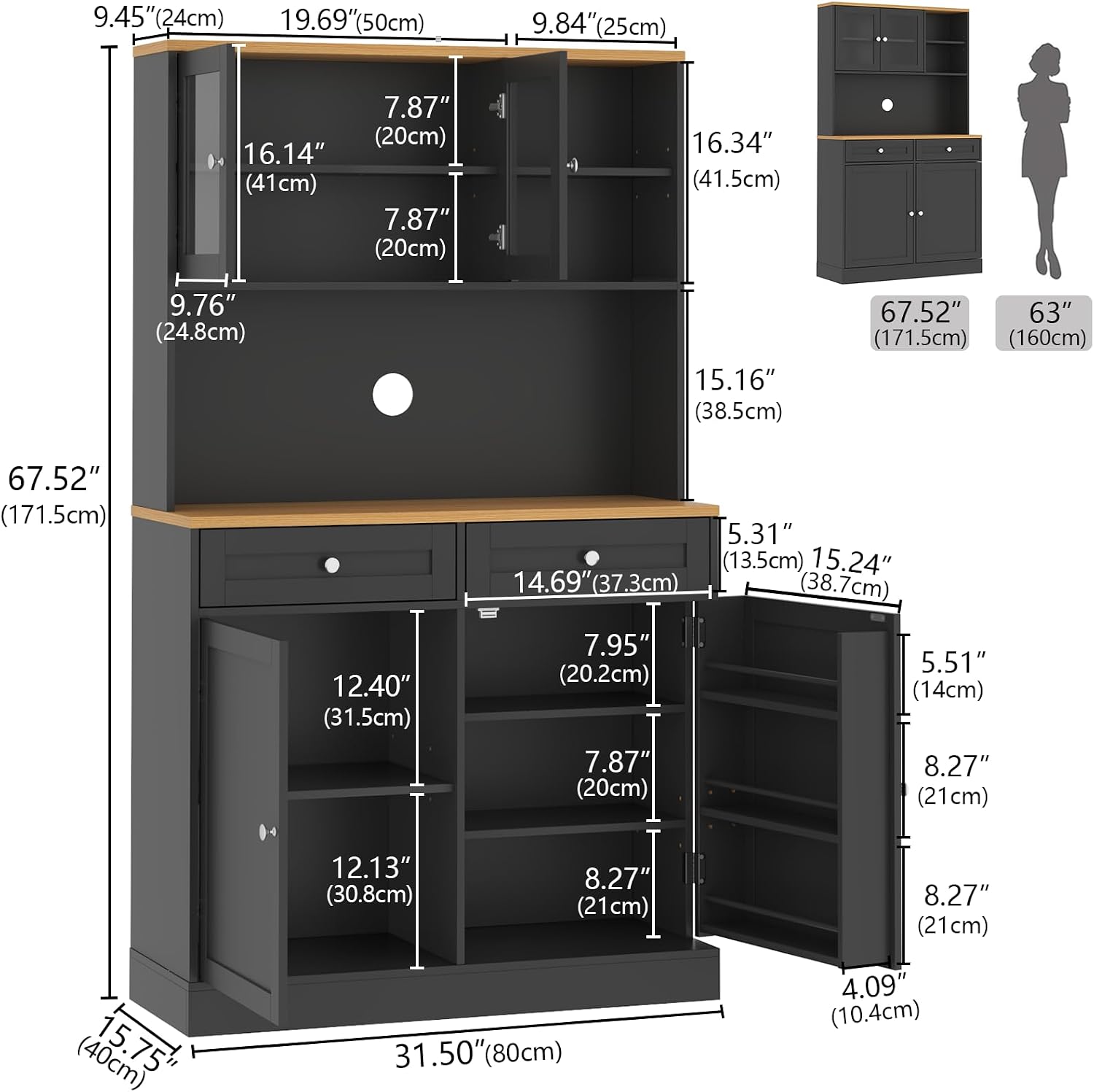 Tall Pantry Cabinet, Modern Kitchen Hutch with Microwave Stand, Kitchen Pantry Storage Cabinet with 2 Darwers & Door Shelf, Food Pantry with Glass Doors & Adjustable Shelves for Dining Room, Black