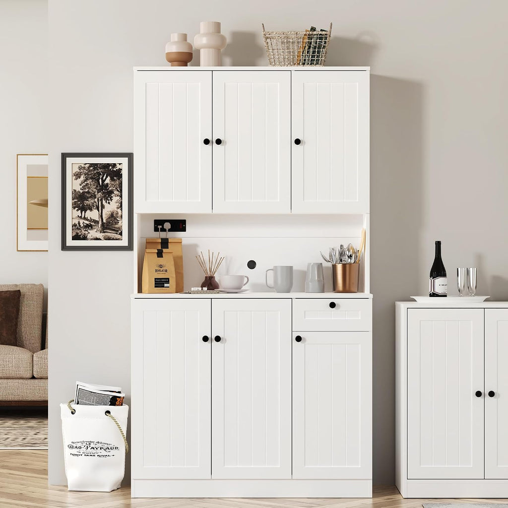 Furnify 71' H Pantry Cabinet with Charging Station, Tall Kitchen Pantry Storage Cabinet with Microwave Stand, Farmhouse Kitchen Hutch with Storage Drawer for Living Room, Dining Room, White