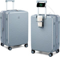 HanTrip Hard Shell Suitcases 24 Inch Check in Luggage with Spinner Wheels, Expandable Travel Luggage with Cup Holder Charger Built in, Checked Medium Suitcase Lightweight Suitcases, Silver